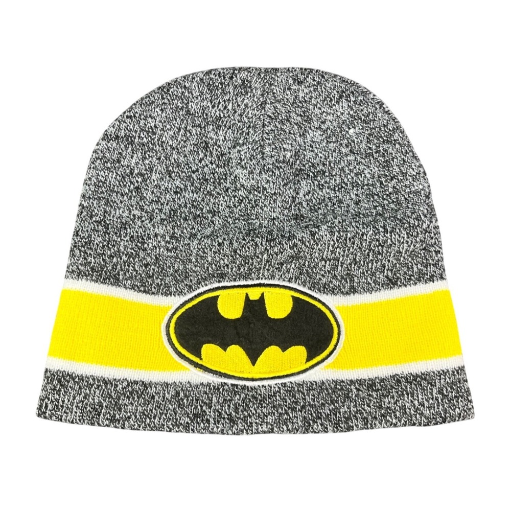 DC Comics Batman Beanie Gray Marled Knit Hat Yellow Stripe OSFM Lightweight